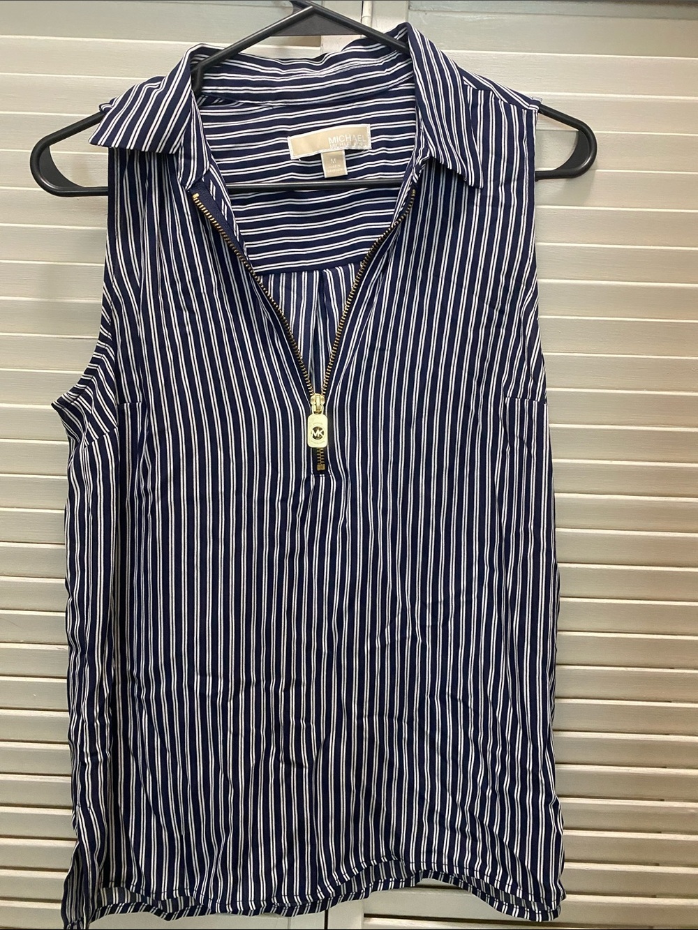 Michael Kors Navy and White Striped Sleeveless Zip Polo Top
